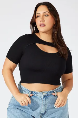 Black Cut Out Top Short Sleeve Crew Neck Seamless Minimalist Style