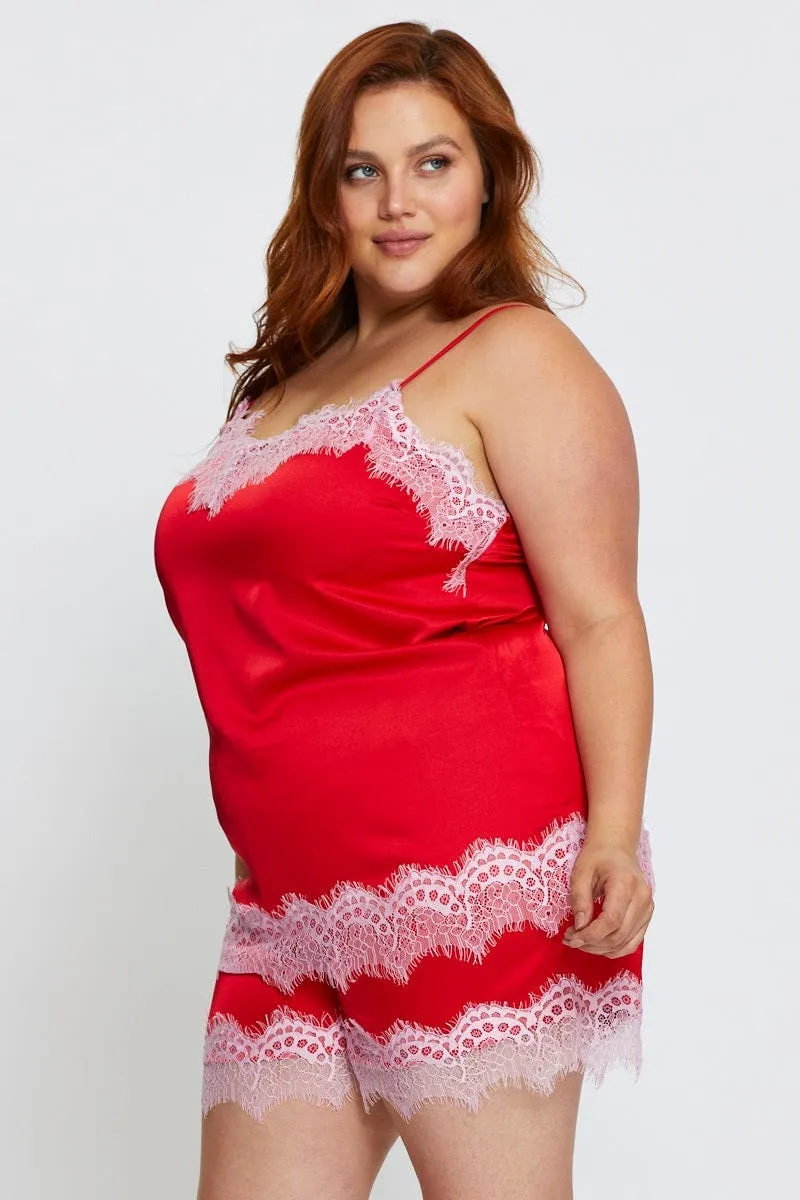 Vacation Mood Sharp Edge Red Lace Satin Cami Pj Pyjama Set