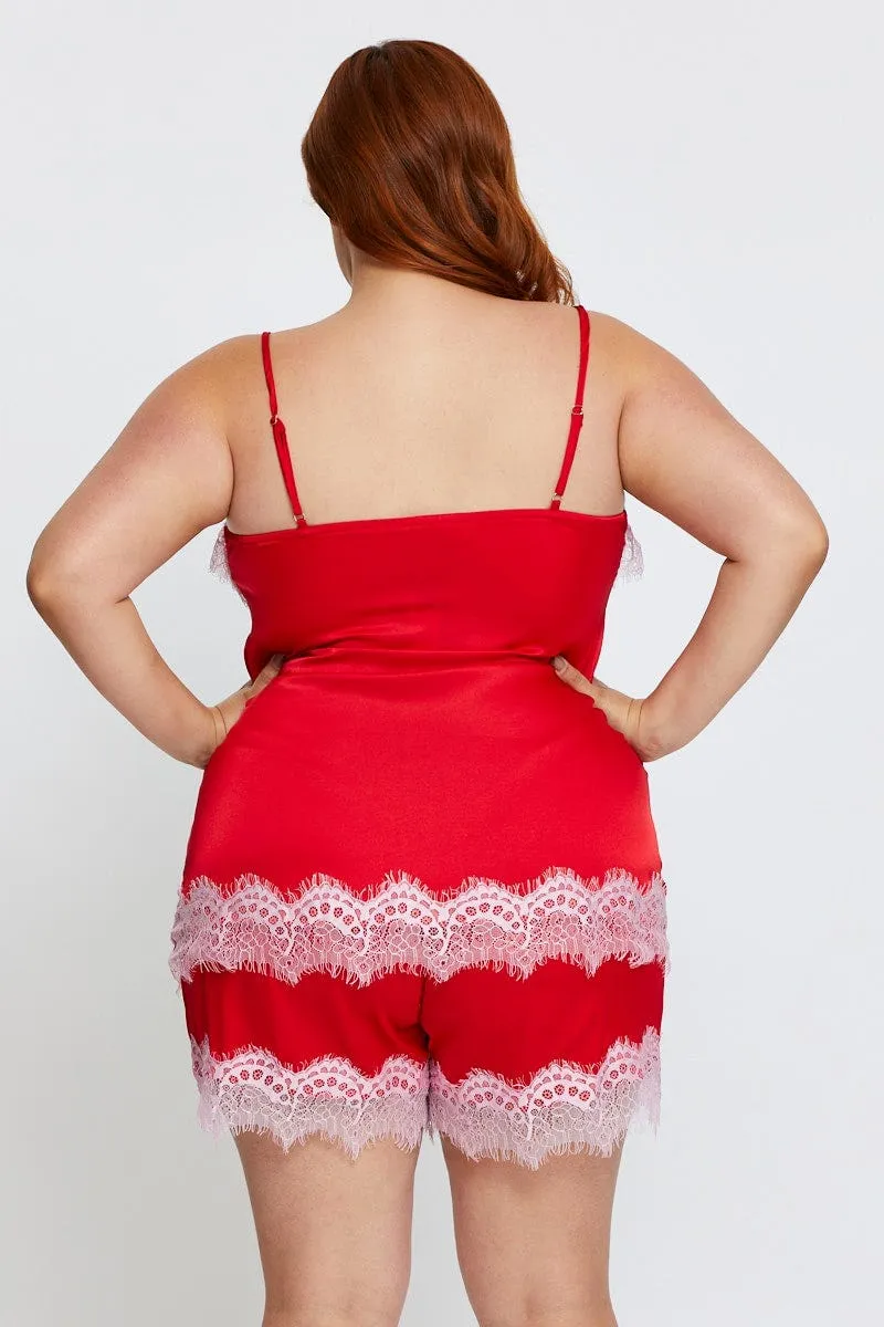 Red Lace Satin Cami Pj Pyjama Set Accessory Fashion FlexibleWaistband