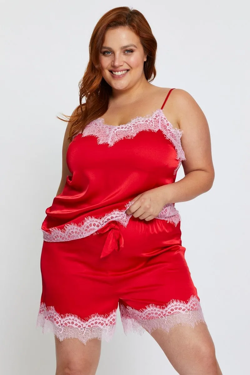 Ship Glow Red Lace Satin Cami Pj Pyjama Set
