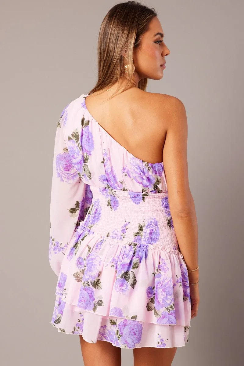 Pink Floral One Shoulder Balloon Sleeve Layered Skater Dress AntiStaticLining