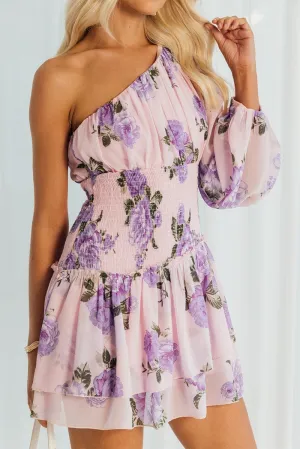 Inner Glow Pink Floral One Shoulder Balloon Sleeve Layered Skater Dress