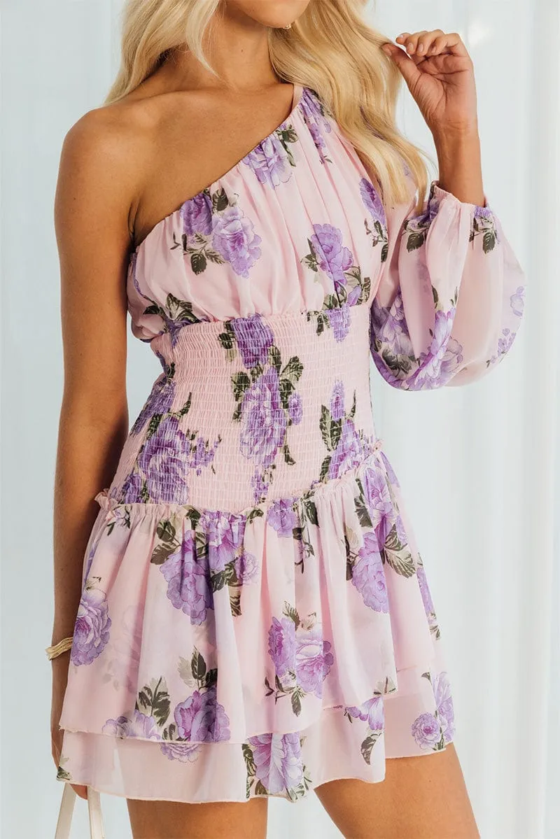 Inner Glow Pink Floral One Shoulder Balloon Sleeve Layered Skater Dress