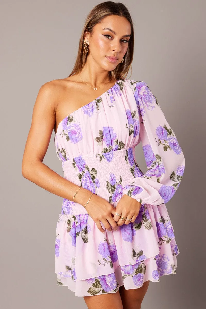 Pink Floral One Shoulder Balloon Sleeve Layered Skater Dress Spirit Glow One-Piece Wear