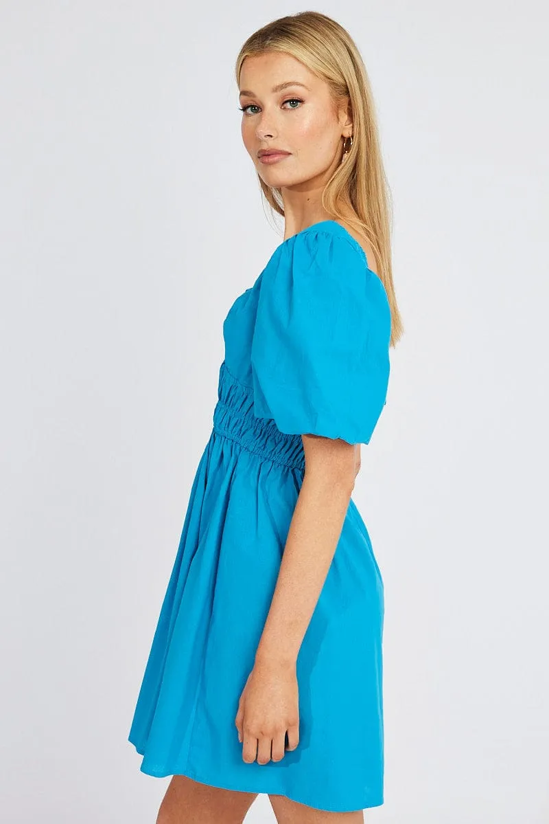 Stretchable Waistband Virtual Mode Blue Fit And Flare Dress V-Neck Mini