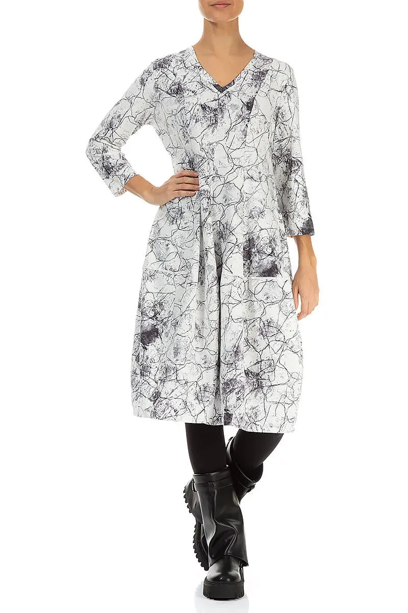 V-Neck Off White Marble Cotton Dress Cozy Layers MoistureWickingMaterial