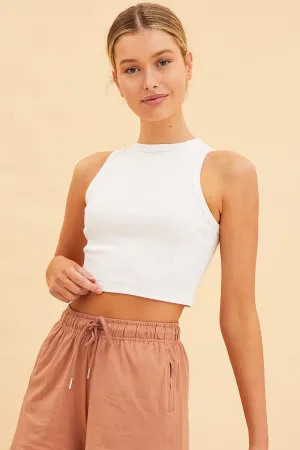 White Cropped Tank Cotton Blend Rib High Neck Racer Back Linen Soul AbrasionFreeZone