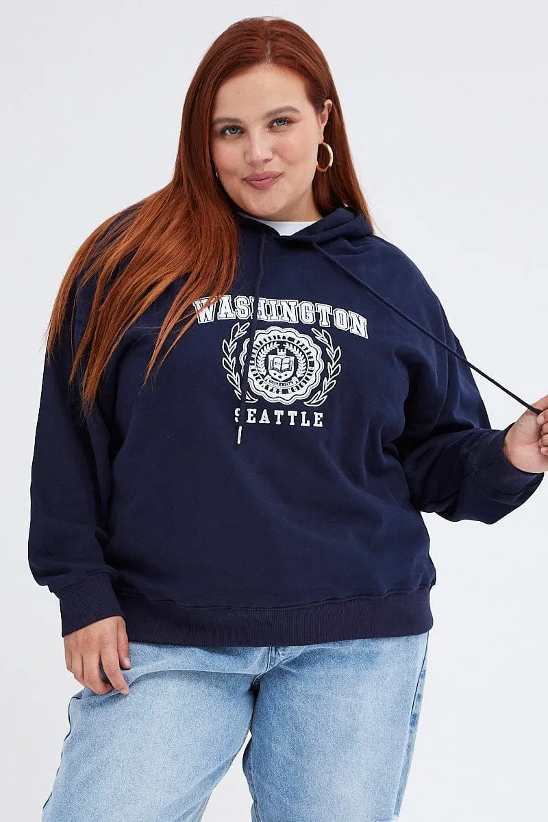 Blue Graphic Sweatshirt Washington Oversized Fleece Chill Look