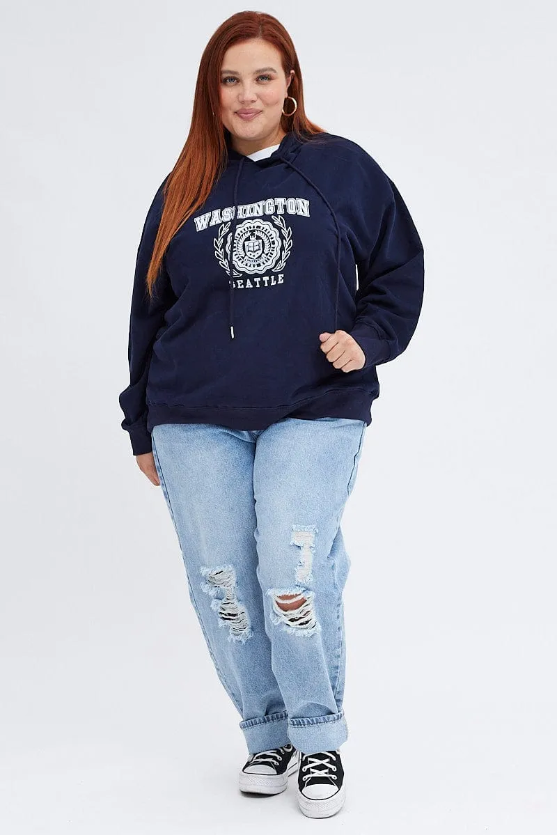 Blue Graphic Sweatshirt Washington Oversized Fleece Cozy Apparel