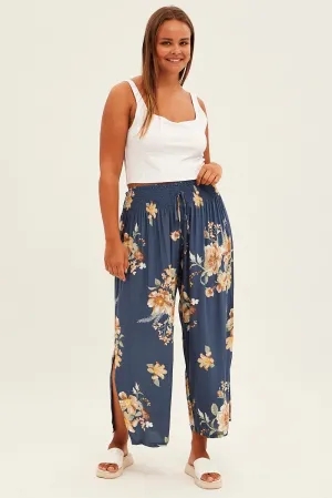 Multi Floral Wideleg Pants Shirred Waistband Textured Crepe All weather