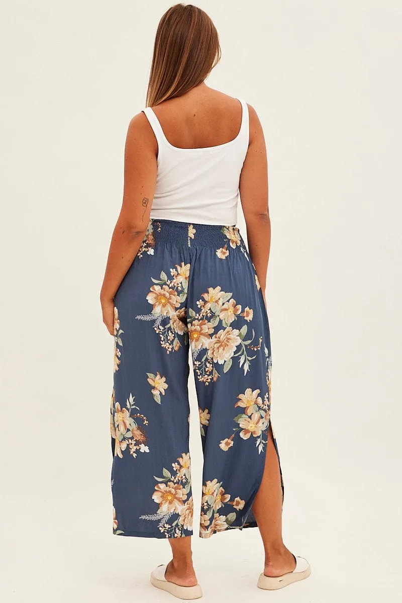 Multi Floral Wideleg Pants Shirred Waistband Textured Crepe Recycled fibers