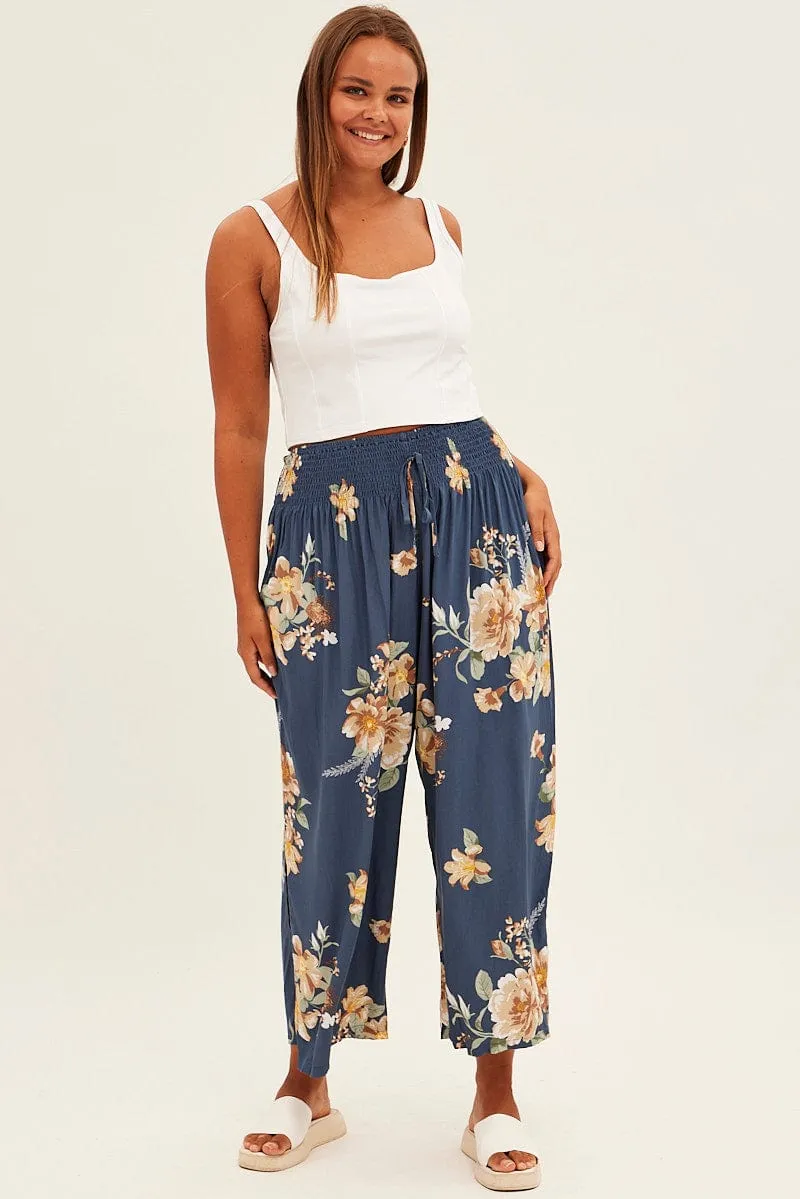 Multi Floral Wideleg Pants Shirred Waistband Textured Crepe Seasonal Wear QuickDryTechnology