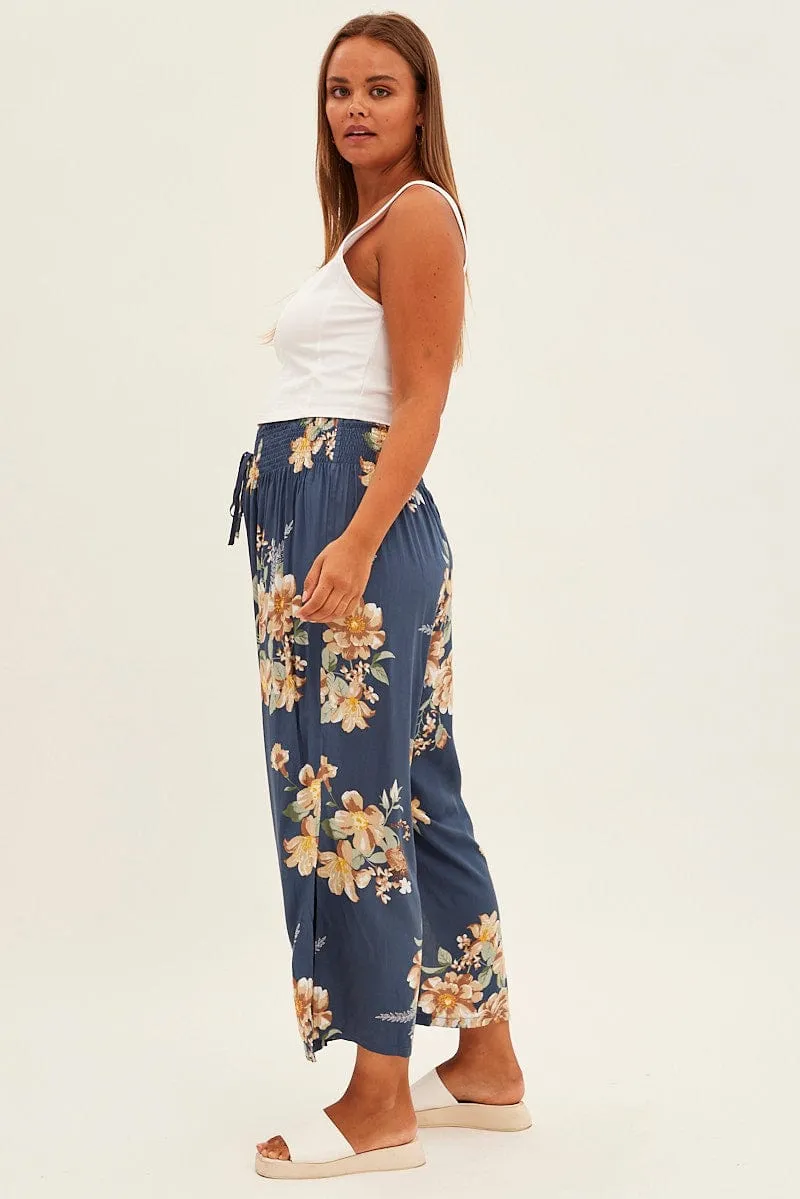 Snag Proof Fabric Breathable fabric Multi Floral Wideleg Pants Shirred Waistband Textured Crepe