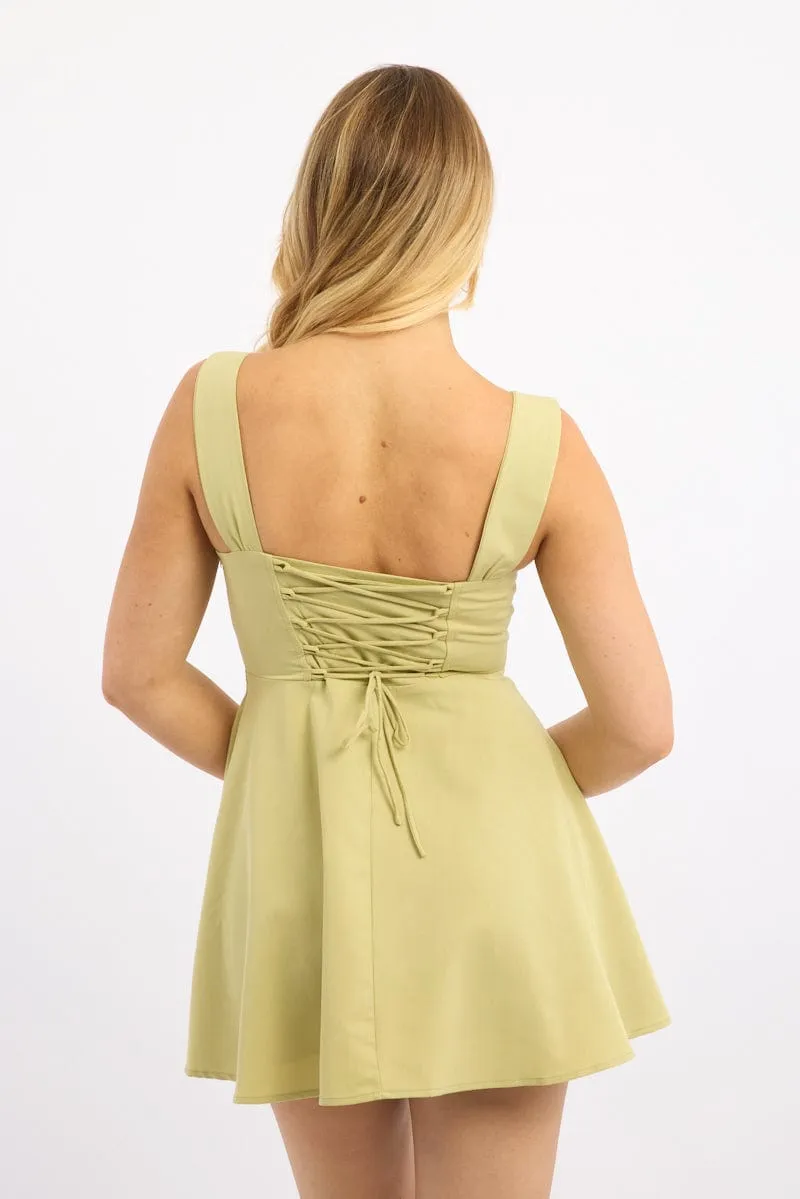 Firm Leather Green Fit And Flare Dress Ribbon Detail