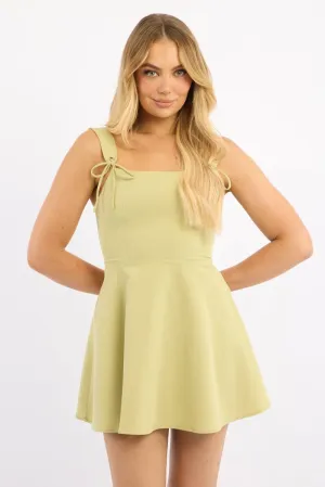 Weekend Wear Winter Style Green Fit And Flare Dress Ribbon Detail