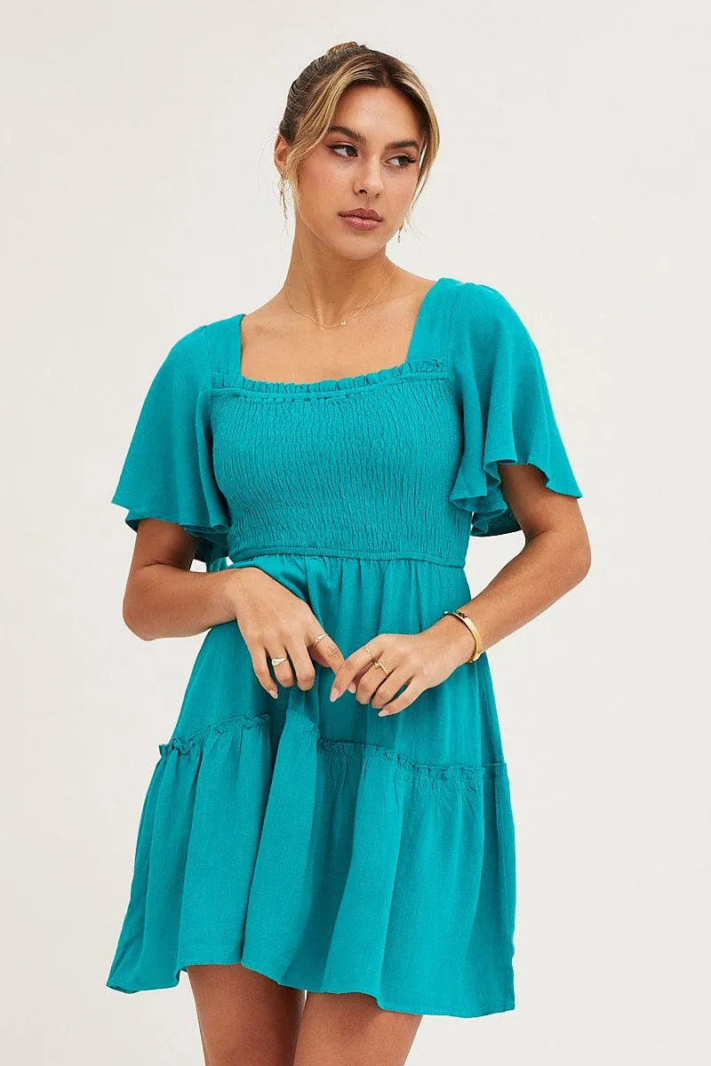 Green Shirred Bust Skater Dress Comfort Fit High-Waisted Pants