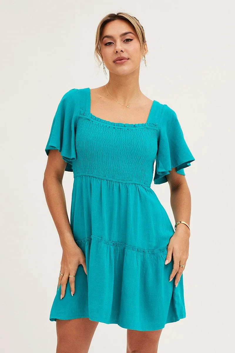 QuickDry Material Green Shirred Bust Skater Dress