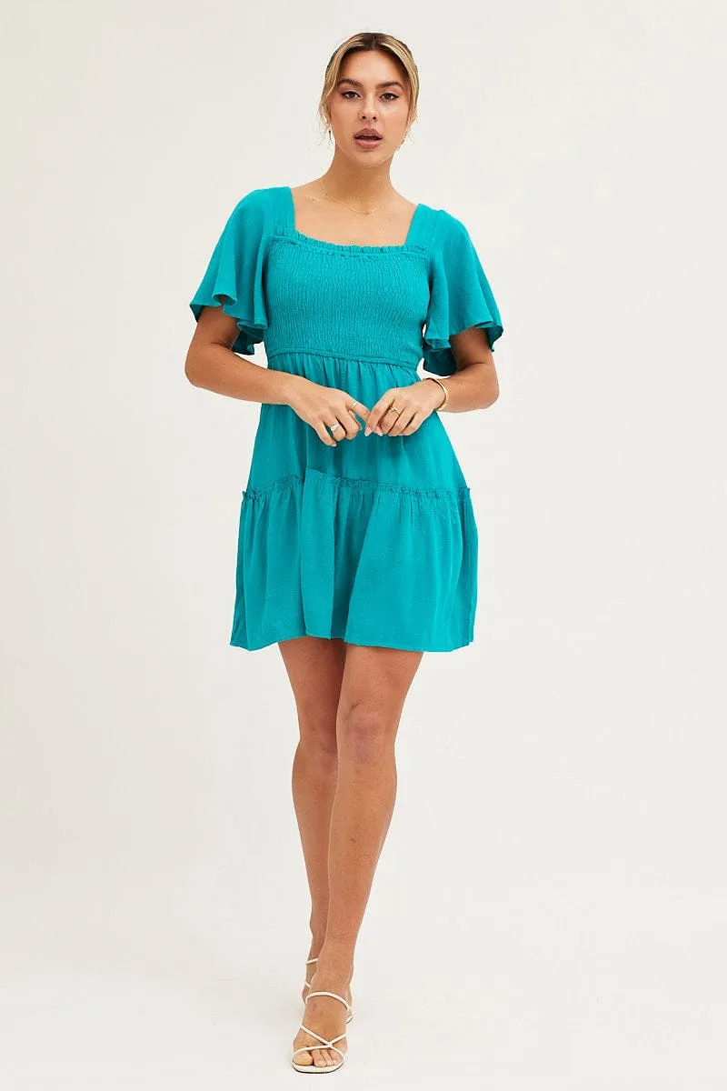 Green Shirred Bust Skater Dress Durable Reinforcements PunctureResistant Fabric