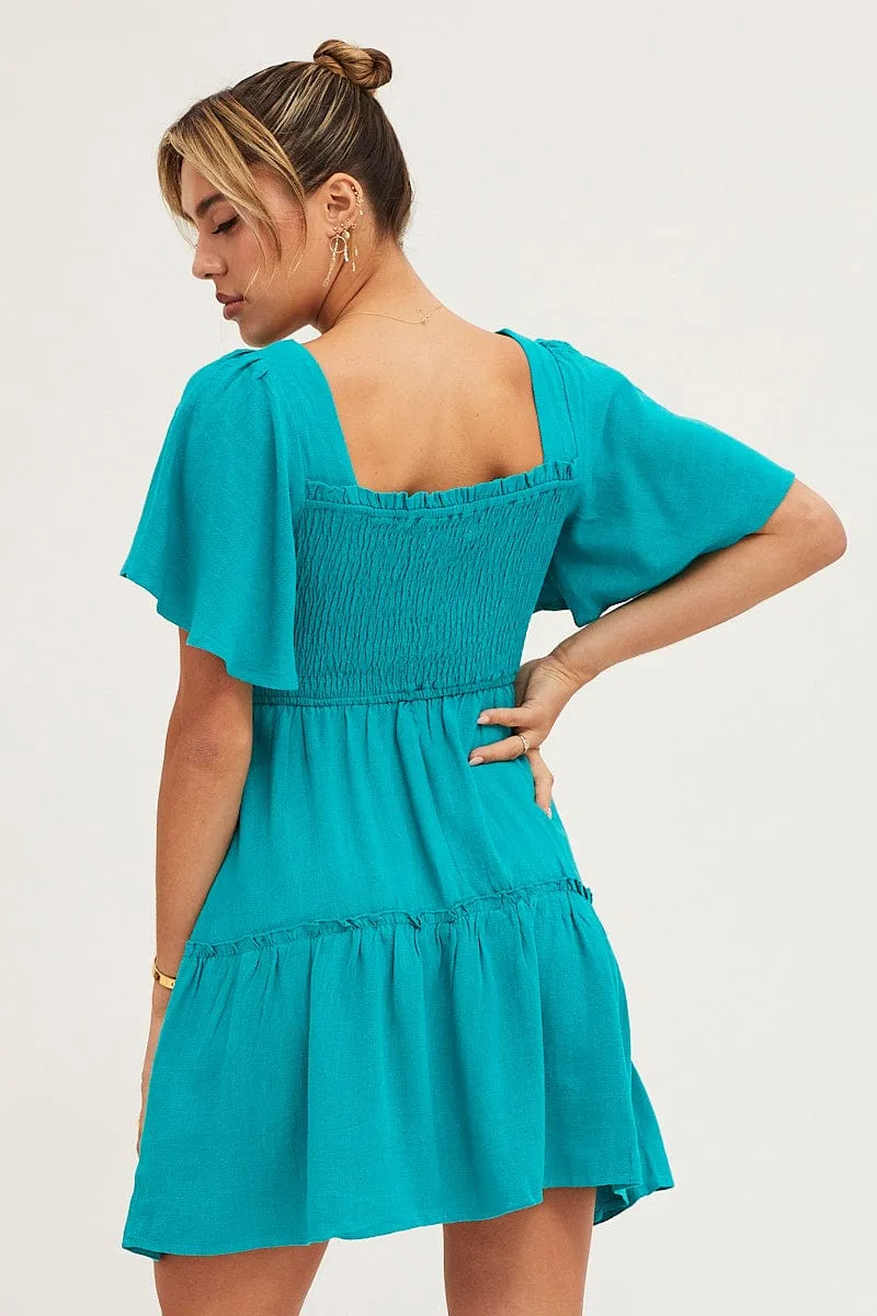 Green Shirred Bust Skater Dress LightweightTextile Modern Sneakers