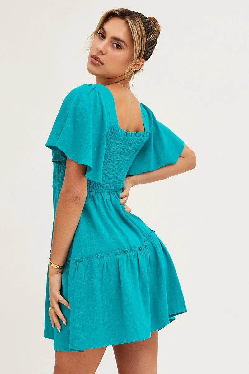 Green Shirred Bust Skater Dress Streetwear Style Metro Mode