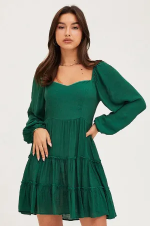 Antistatic Sea Fit Green Fit And Flare Dress Long Sleeve Square Neck