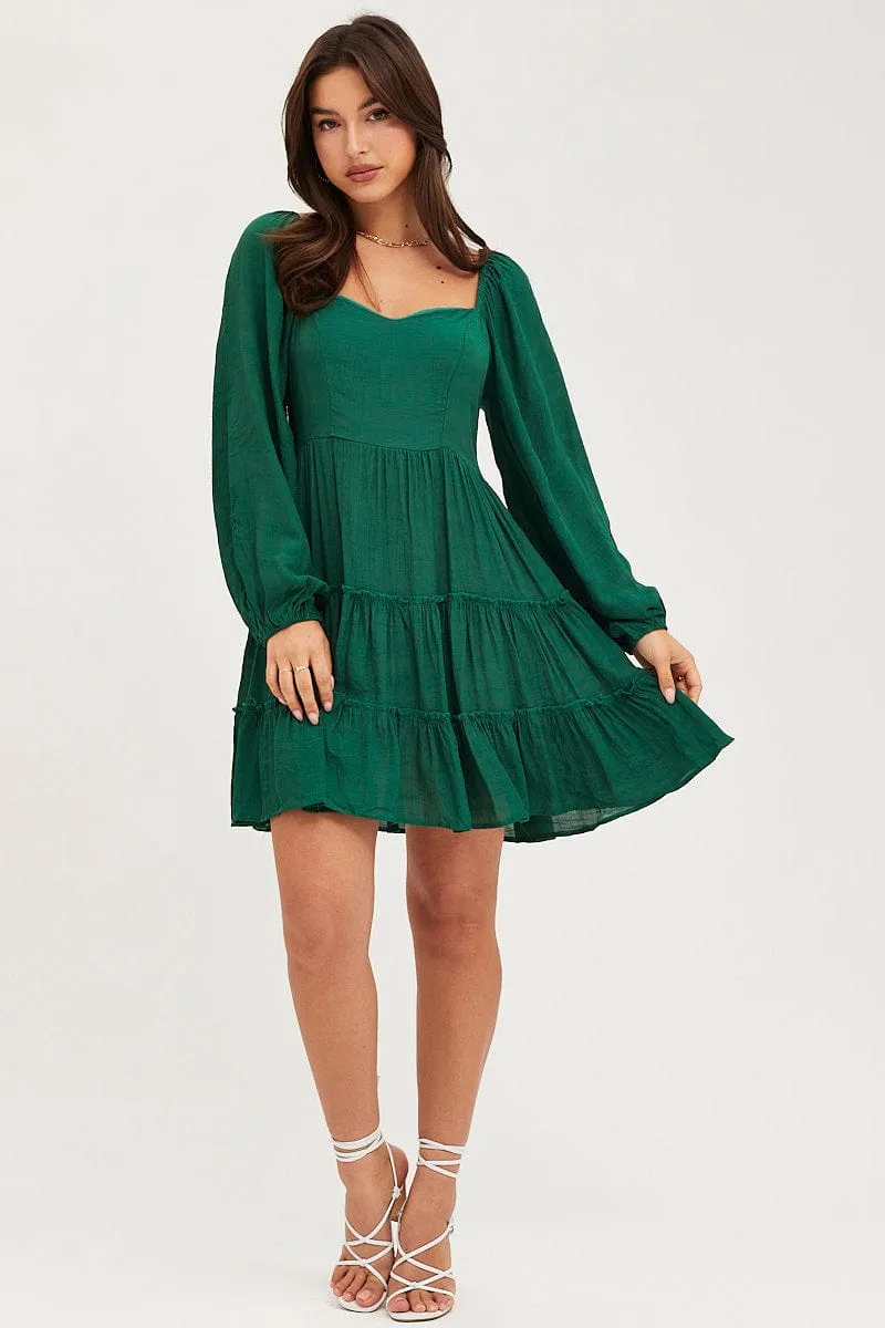 Compact Packable Design Festival Air Green Fit And Flare Dress Long Sleeve Square Neck