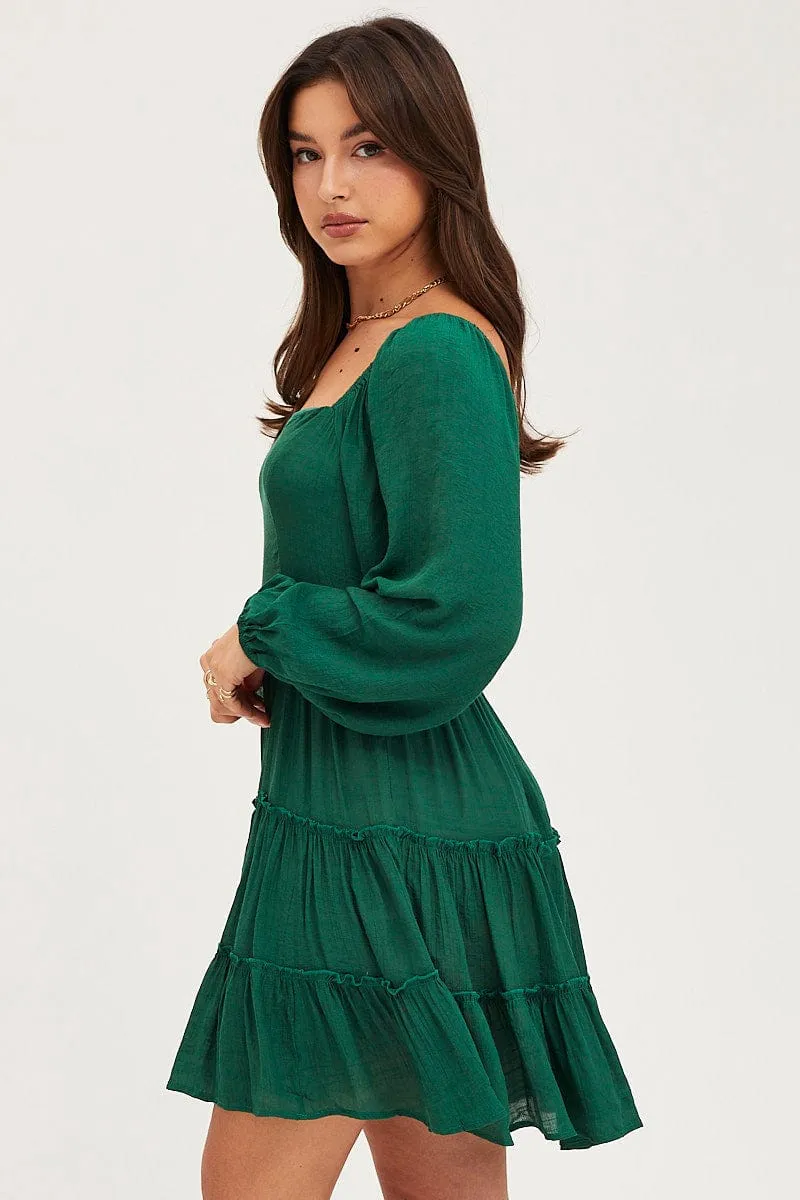 Sun shield Activewear Clothing Green Fit And Flare Dress Long Sleeve Square Neck