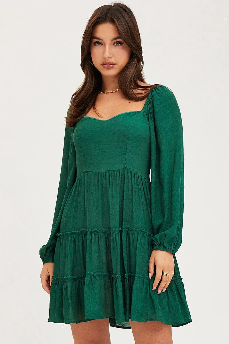 NonRestrictive Design Ventilated Back Panel Green Fit And Flare Dress Long Sleeve Square Neck