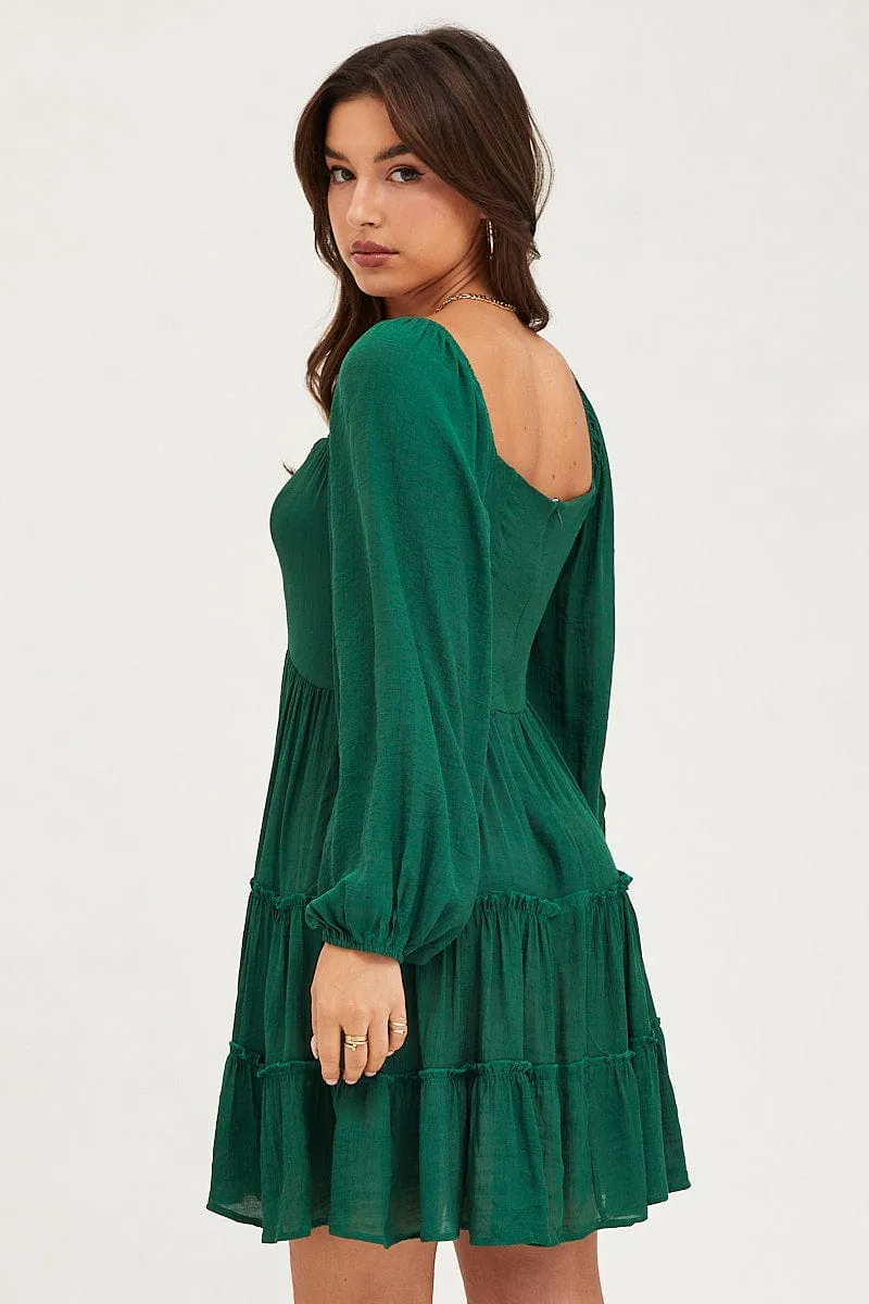 Green Fit And Flare Dress Long Sleeve Square Neck WrinkleFree Fabric Harbor Style