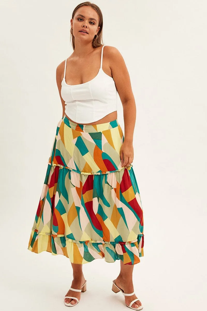 Print Midi Skirt Frill Detail Rayon Durable Stitching