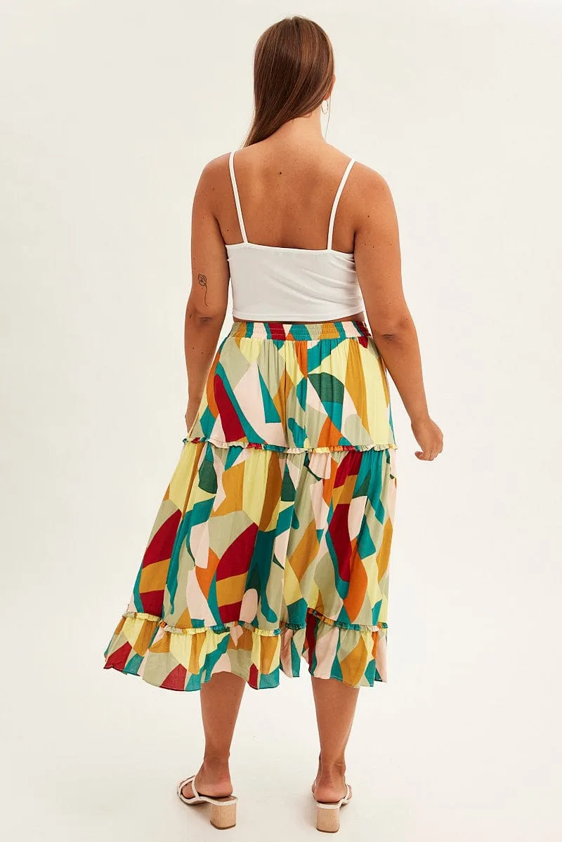 Timeless Piece Print Midi Skirt Frill Detail Rayon