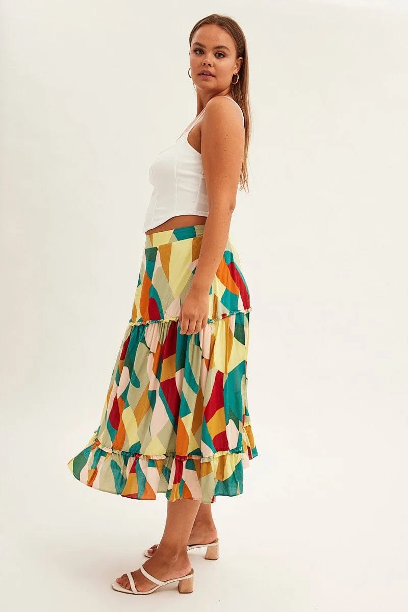 Print Midi Skirt Frill Detail Rayon Cool Touch