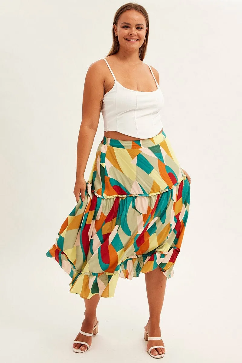 Print Midi Skirt Frill Detail Rayon casual finish