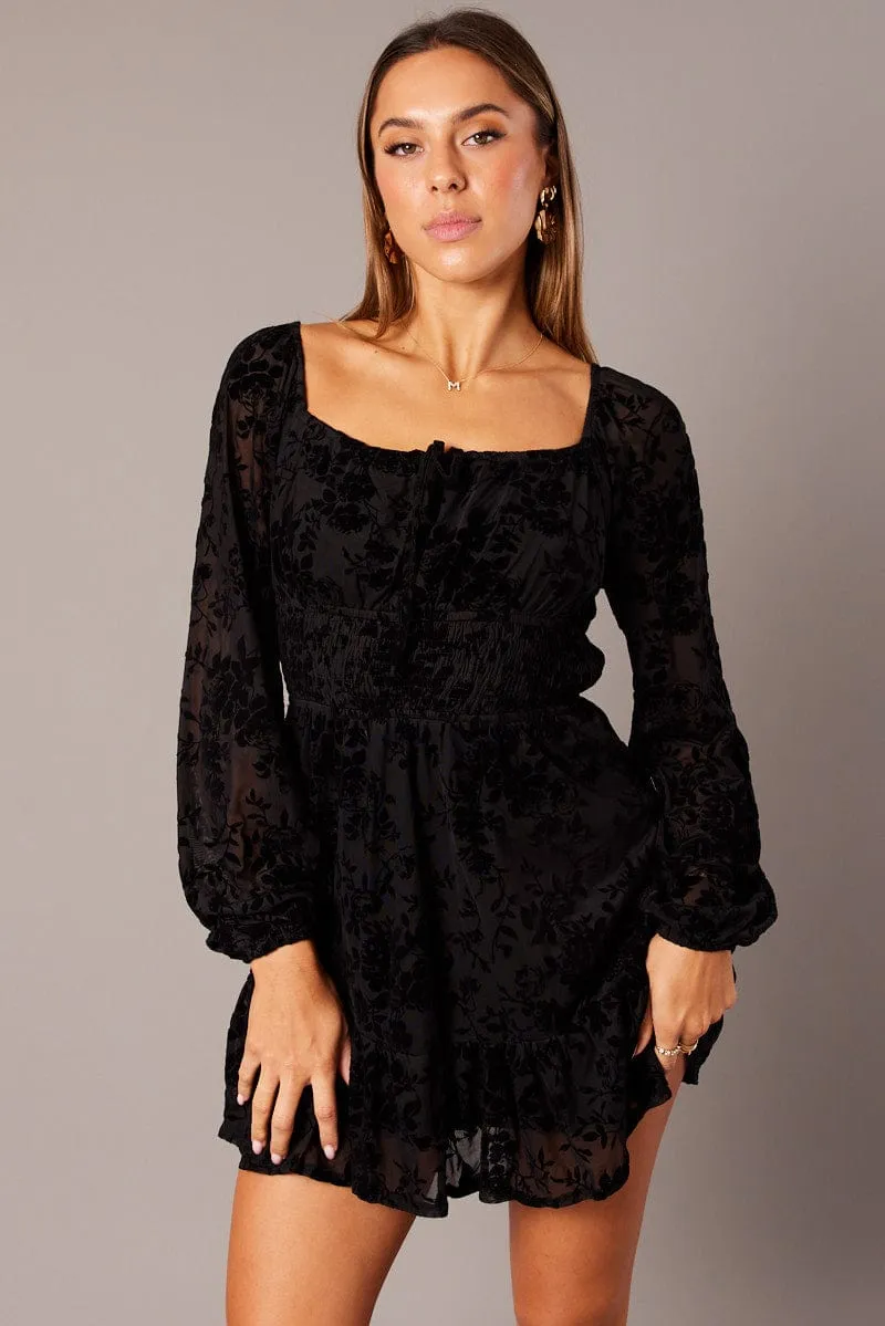 Stream Fit Black Fit and Flare Dress Long Sleeve Burn Out