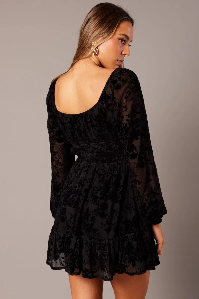 FrictionResistantEdges Swim Easy Black Fit and Flare Dress Long Sleeve Burn Out
