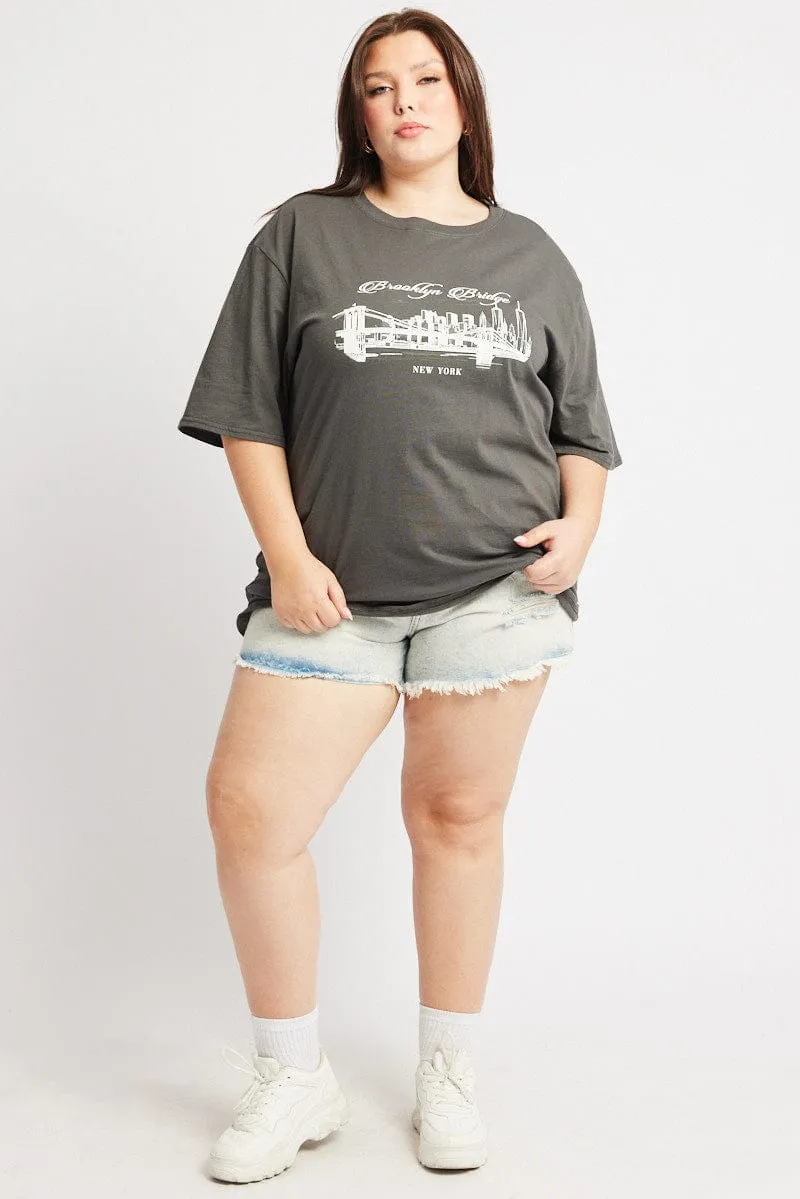 Grey Graphic T Shirt Short Sleeve Crew Neck Comfy Fit Layer