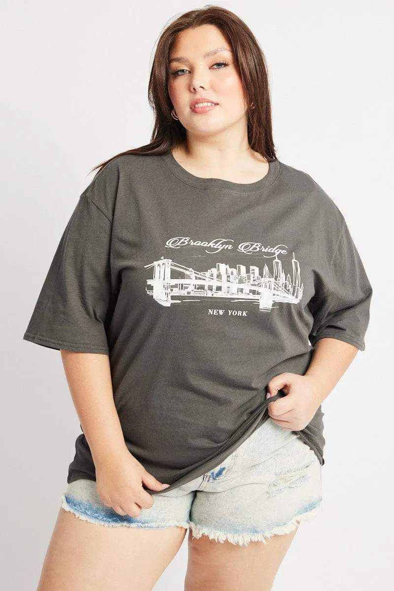Daily Style Trend Spring Wear Grey Graphic T Shirt Short Sleeve Crew Neck