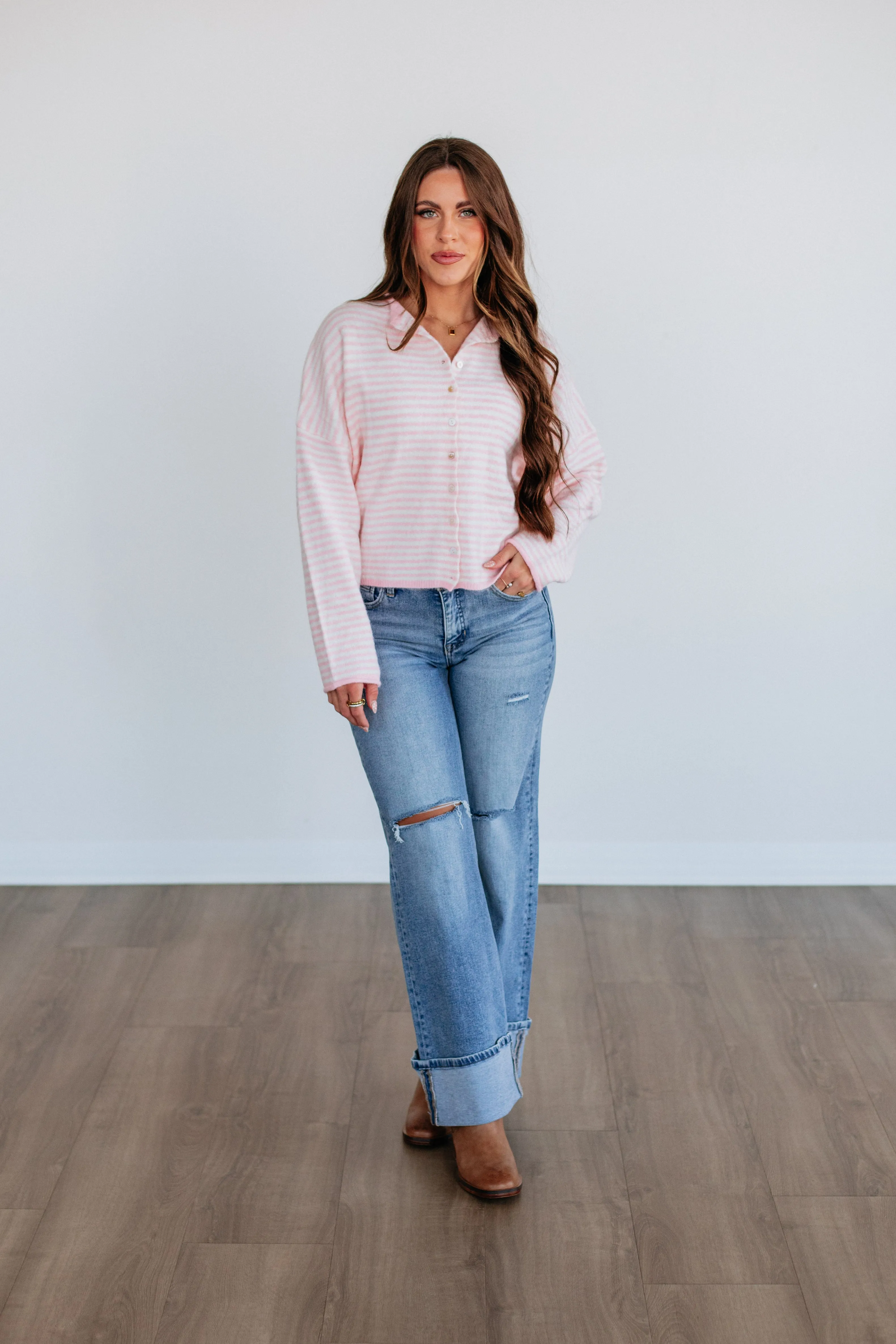 Zoelle Striped Cardigan - Baby Pink Mix Casual Fashion