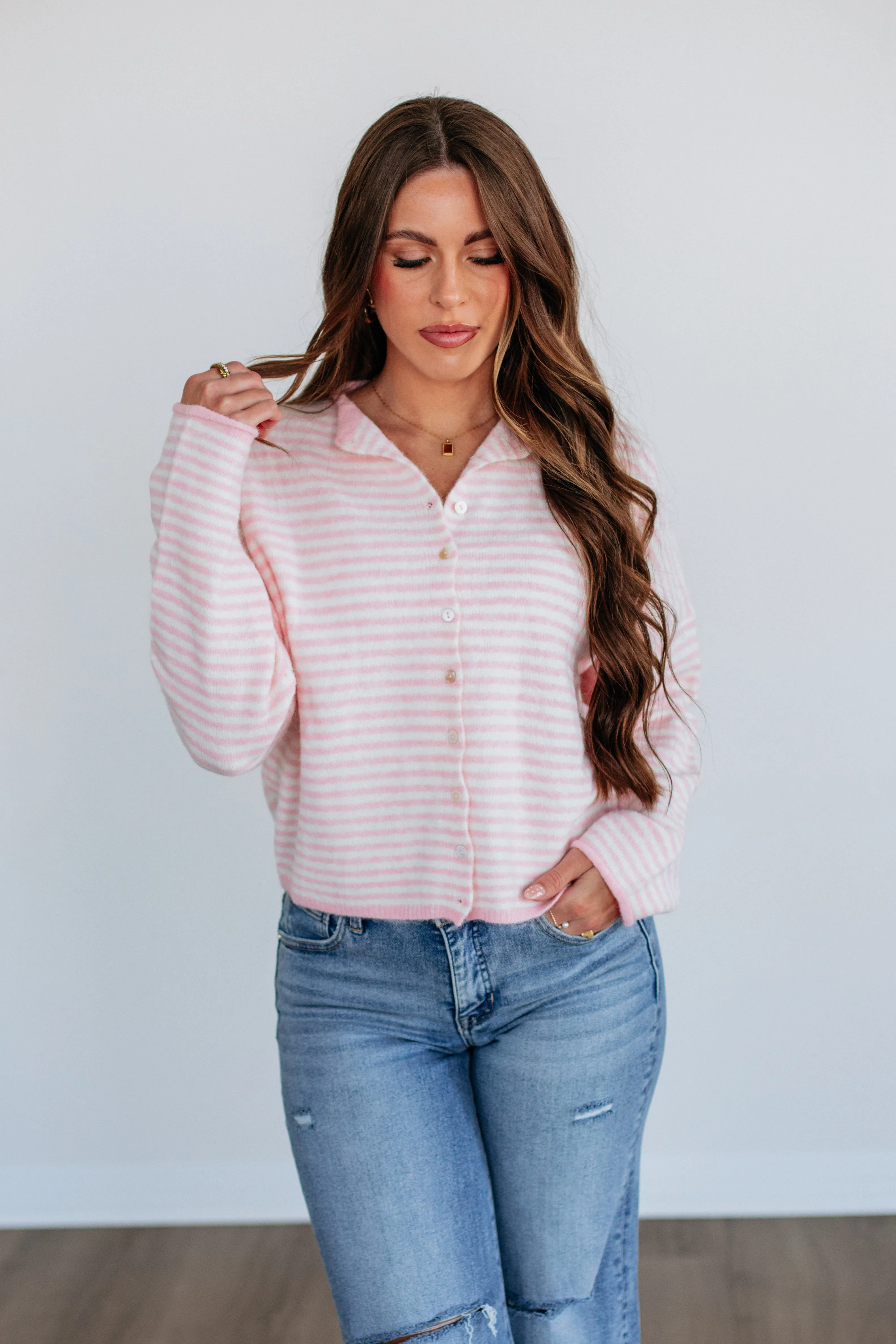 Zoelle Striped Cardigan - Baby Pink Mix Cold Day Outfit