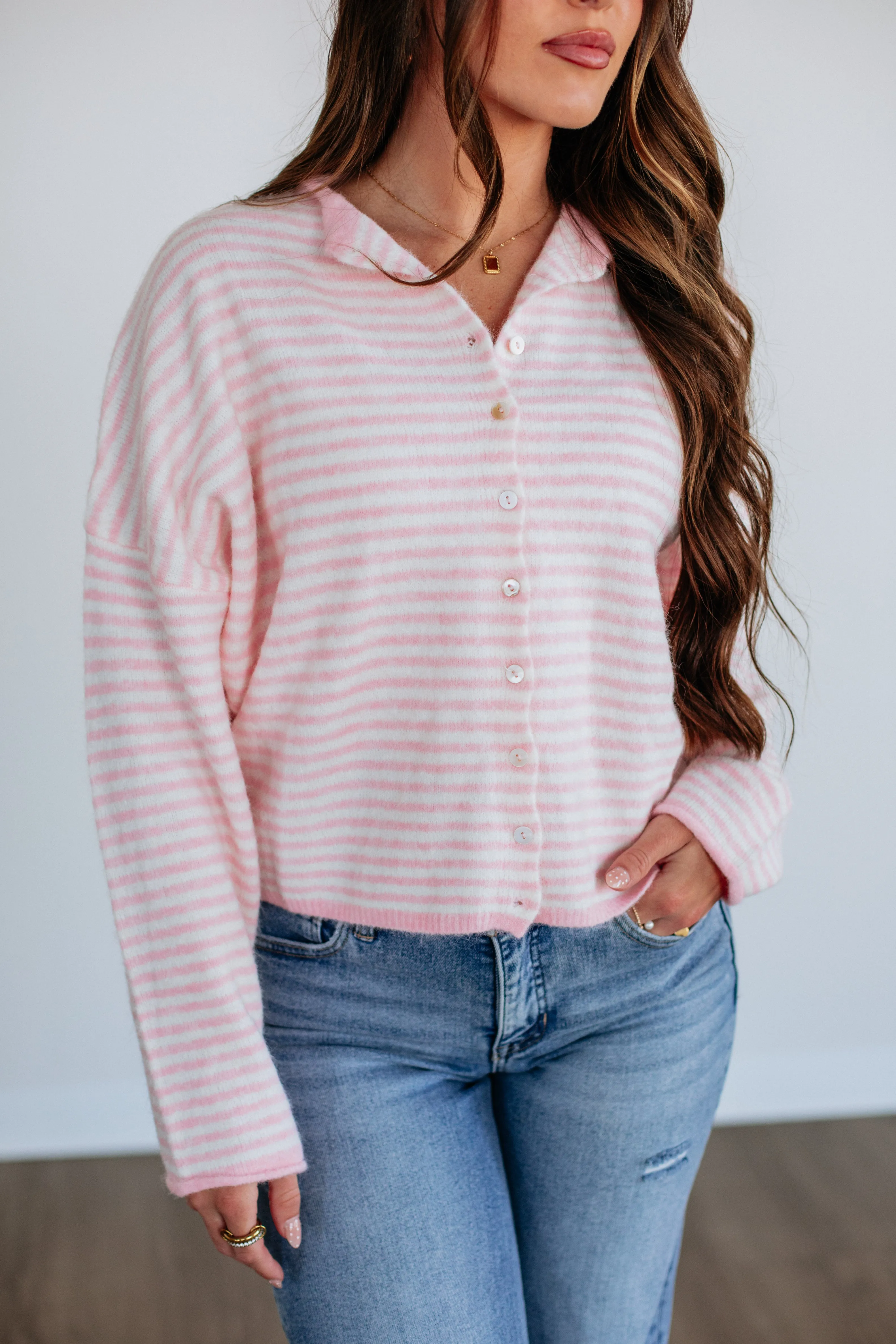 Long Lasting Elasticity Trendy Look Zoelle Striped Cardigan - Baby Pink Mix