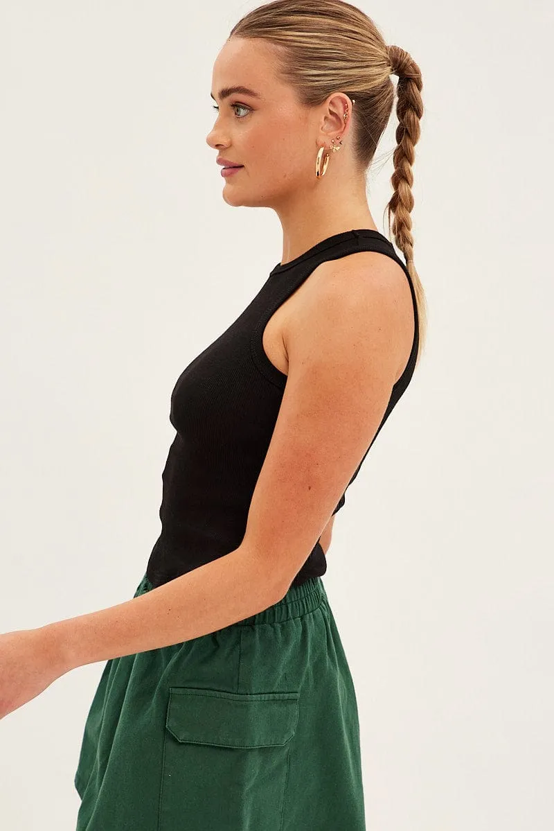quick dry Fashion Trend Black Crew Tank High Neck Curved Hem Sleeveless