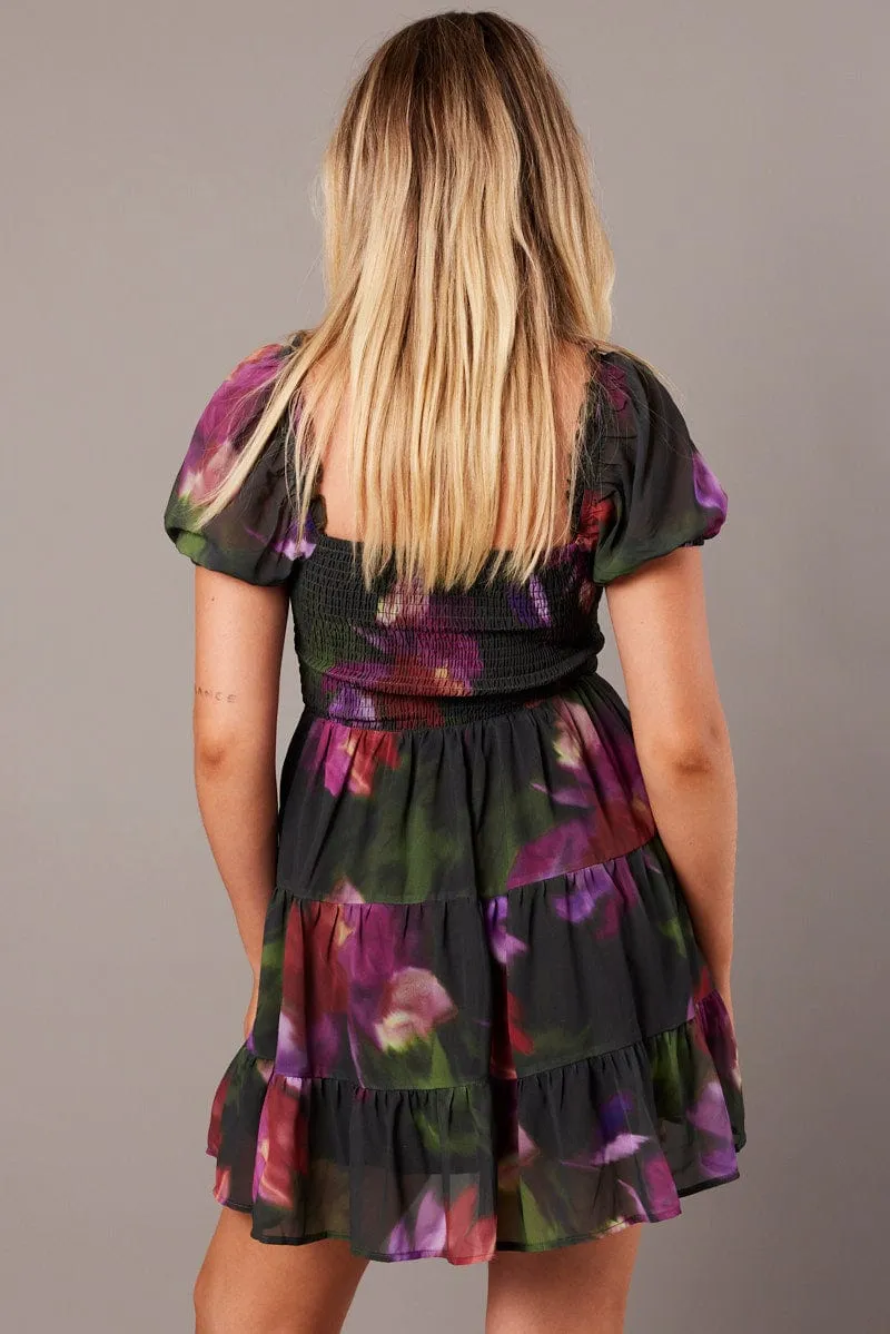 Warm Outerwear Multi Floral Fit And Flare Dress Puff Sleeve