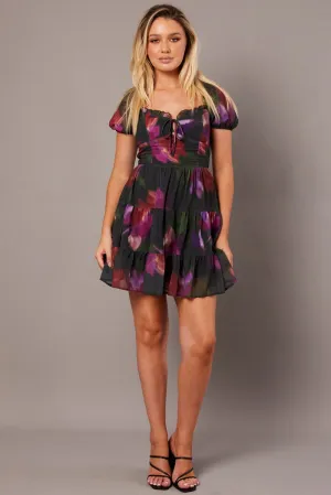 Multi Floral Fit And Flare Dress Puff Sleeve Outdoor Wear
