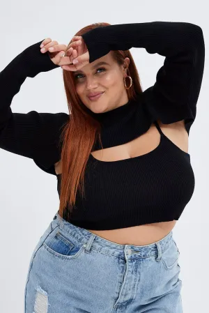 Black Knitted Cami Top And High Neck Shrug Set Pure Tone
