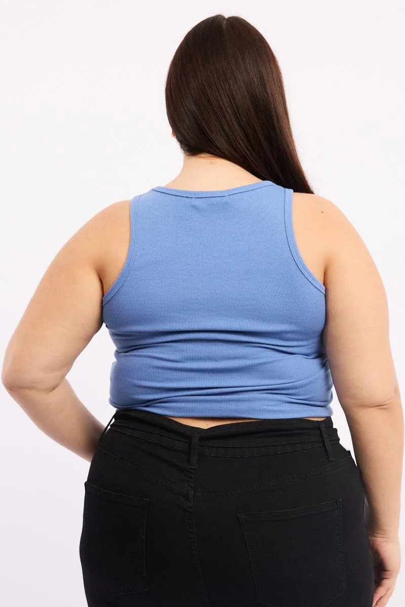 Blue Crew Neck Rib Tank Top River Flow BreathableLining