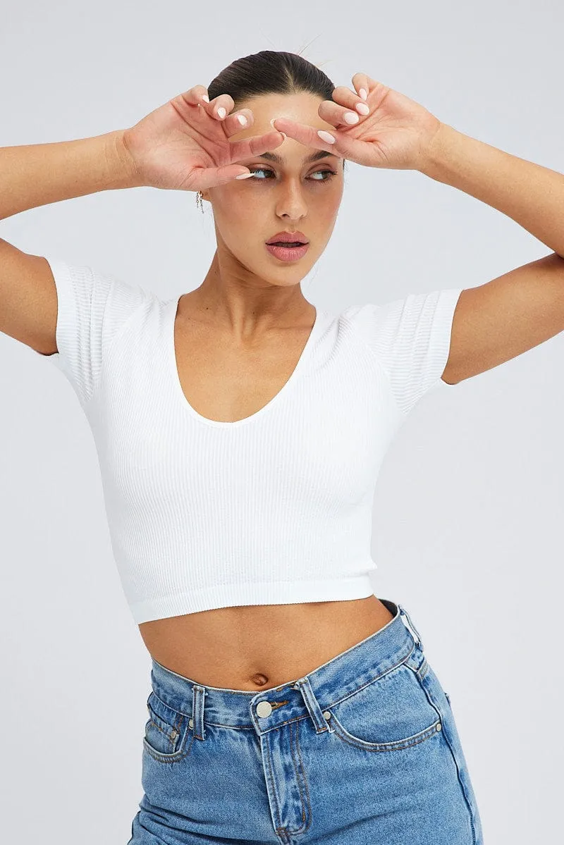 White T Shirt Short Sleeve V Neck Seamless GentleWaistband Casual Shirt