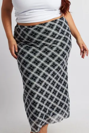 Secure Closure Black Check Plaid Mesh Bodycon Midi Skirt