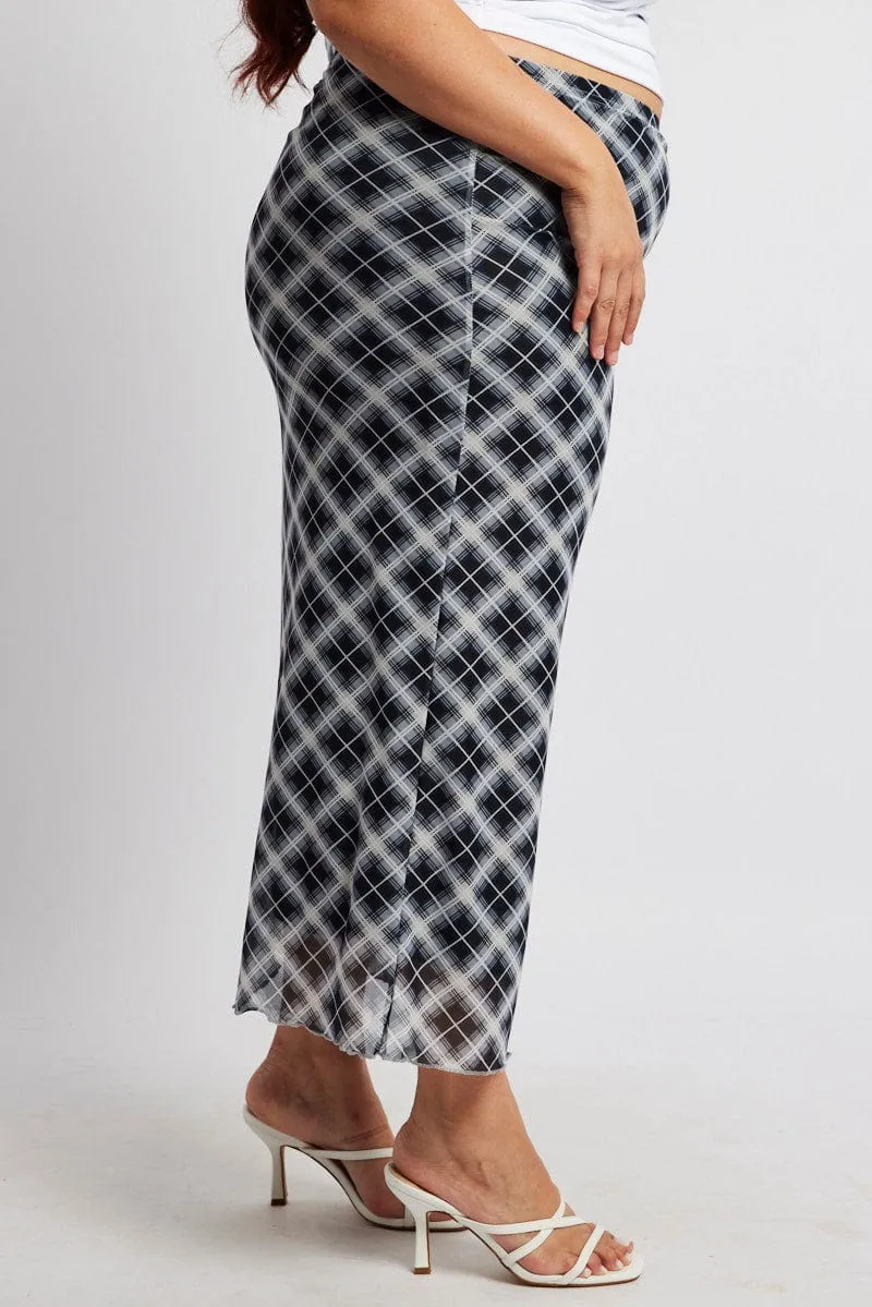 Wardrobe Basics Contrast Panel Black Check Plaid Mesh Bodycon Midi Skirt