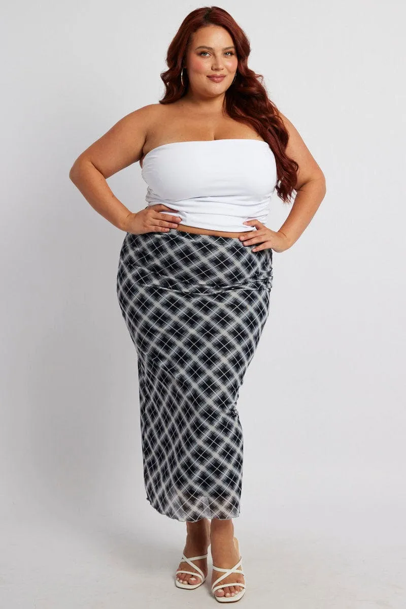 Outfit Vibes Black Check Plaid Mesh Bodycon Midi Skirt