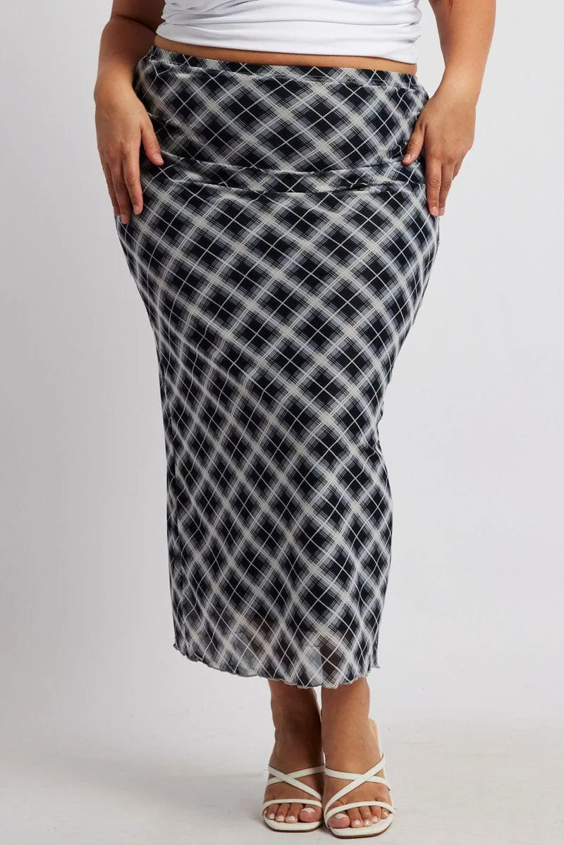 Minimalist Layering Laidback Style Black Check Plaid Mesh Bodycon Midi Skirt